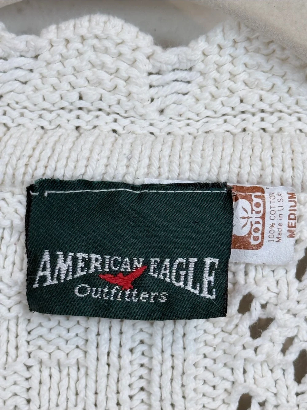 Vintage 90s American Eagle Outfitters Cream Patchwork V-Neck Knit Sweater USA M